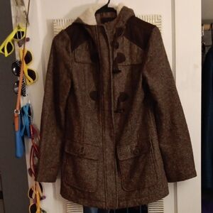 Prana Brown Tweed Toggle Coat with Hood, Small